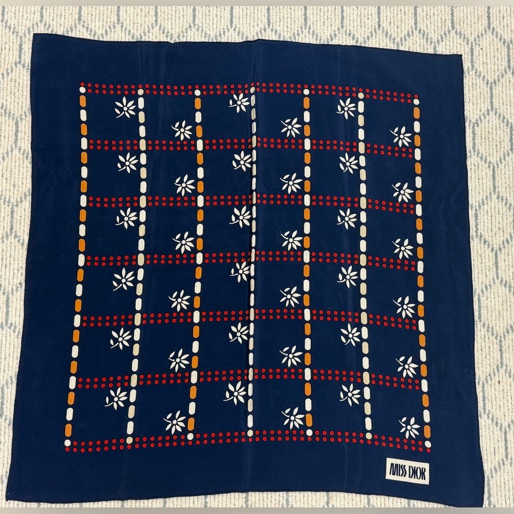 CHRISTIAN DIOR Vintage Y2K 70’s 100% Silk Navy/Multicolor Geometric Floral Scarf - Picture 1 of 11